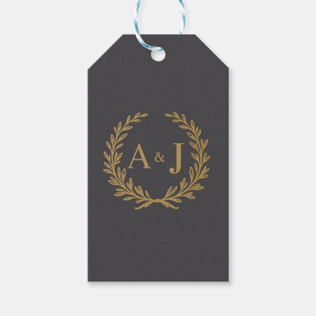 Elegant Gray Gold Laurel Wreath Monogram Wedding Geschenkanhänger (Vorderseite)