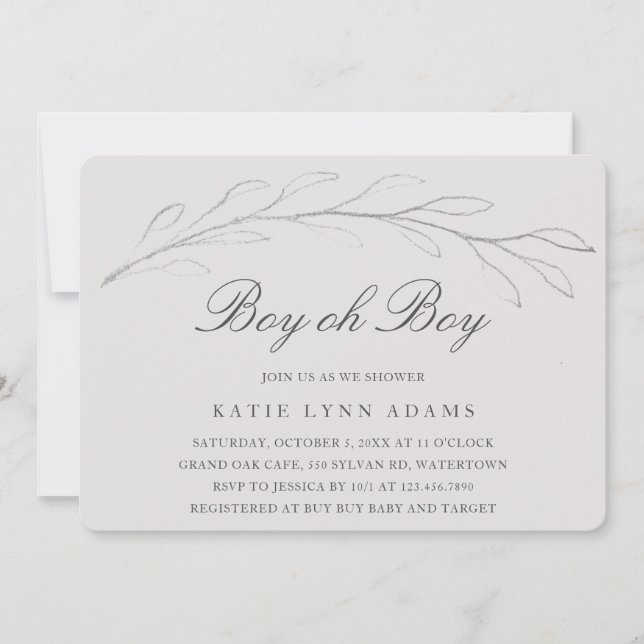 Elegant Gray Pencil Sketch Twig Boy Baby Shower Einladung (Vorderseite)