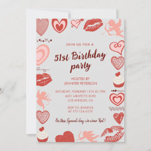 Elegant Gray Red Hearts Einladungen zum 51. Geburt