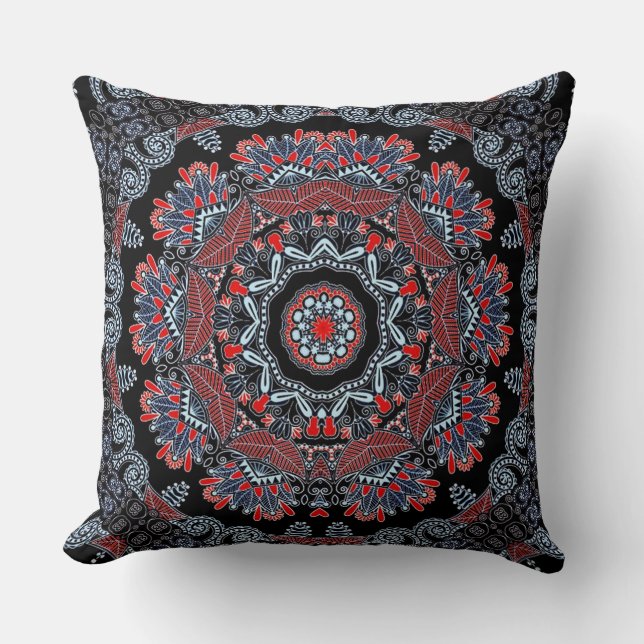 Elegant Gray & Red Mandala Throw Kissen (Vorderseite)