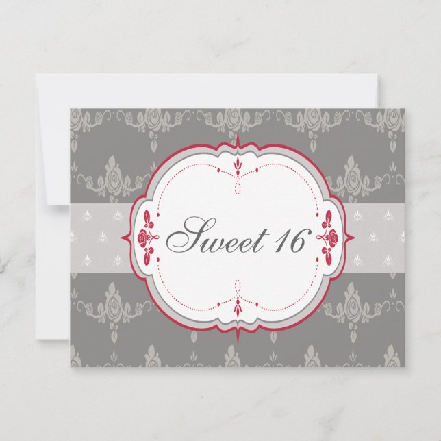 Elegant Gray & Rote Rosen Süß 16 Einladung (Vorderseite)