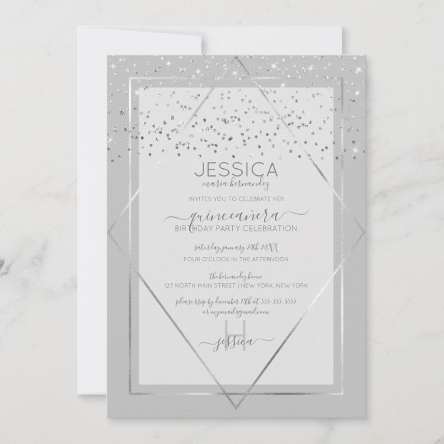 Elegant Gray Silver Confetti Border Quinceañera Einladung (Vorderseite)