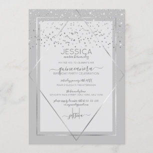 Elegant Gray Silver Confetti Border Quinceañera Einladung