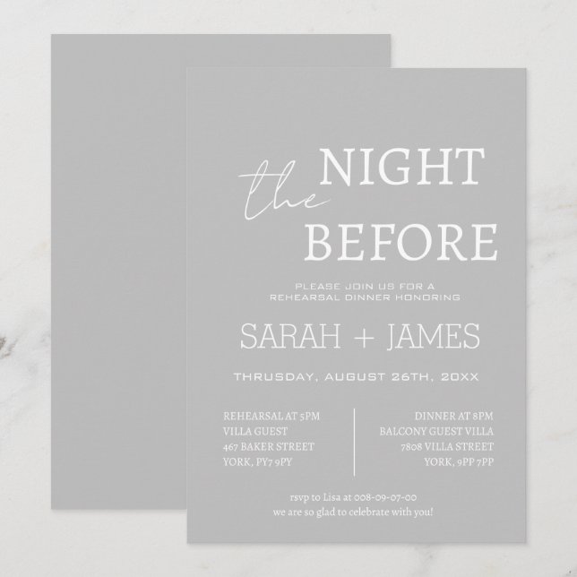 Elegant Gray The Night Before Dinner Wedding Einladung (Vorne/Hinten)