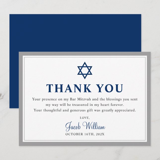 Elegant Gray und Navy Blue Bar Mitzvah Dankeskarte (Vorne/Hinten)