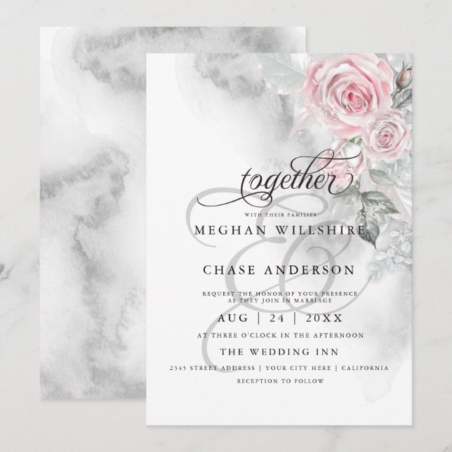 Elegant Gray Watercolor Roses BarefootBride™ Einladung (Vorne/Hinten)