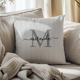 Elegant Gray & White Stripes Monogram Name Kissen
