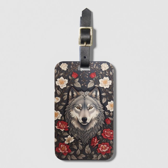 Elegant Gray Wolf Floral Gepäckanhänger (Vorderseite Vertikal)