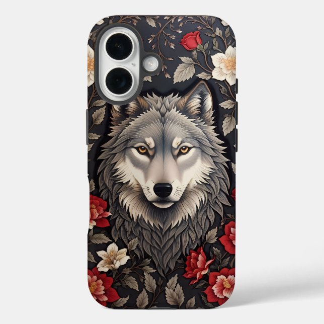 Elegant Gray Wolf Floral iPhone 16 Hülle (Rückseite)