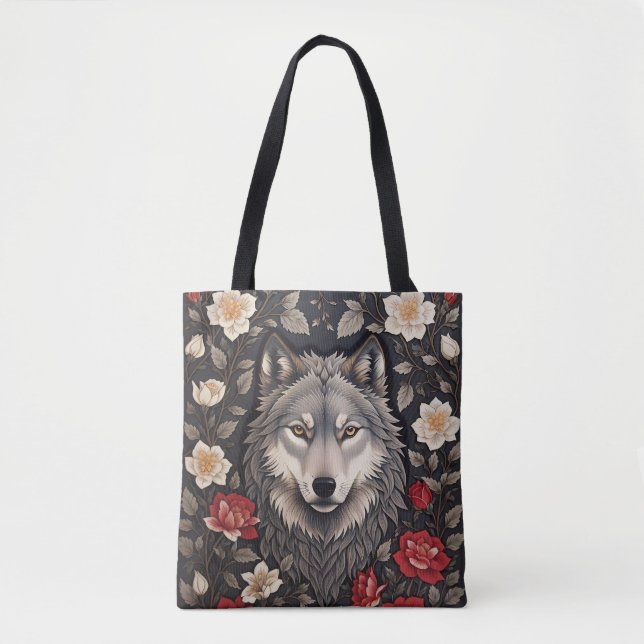Elegant Gray Wolf Floral Tasche (Vorderseite)