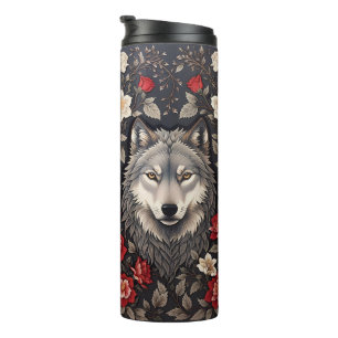 Elegant Gray Wolf Floral Thermosbecher