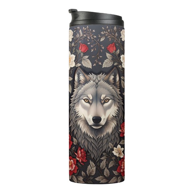 Elegant Gray Wolf Floral Thermosbecher (Nach rechts gedreht)