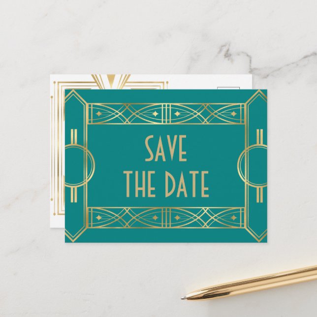 Elegant Great Gatsby Art Deco Retten Sie die Daten Ankündigungspostkarte (Vorderseite/Rückseite Beispiel)