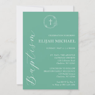 Élégant Gree White Baptism Cross Wreath Invitation