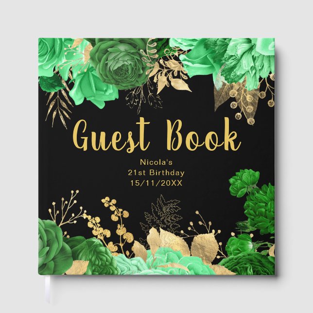 Elegant Green and Gold Flowers Birthday Party Gästebuch (Vorderseite)