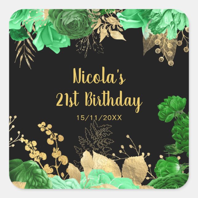 Elegant Green and Gold Flowers Birthday Party Quadratischer Aufkleber (Vorderseite)