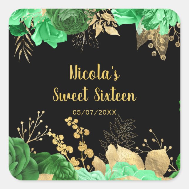 Elegant Green and Gold Flowers Sweet Sixteen Quadratischer Aufkleber (Vorderseite)