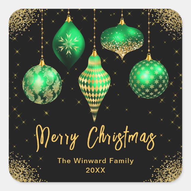 Elegant Green and Gold Ornament Christmas Quadratischer Aufkleber (Vorderseite)