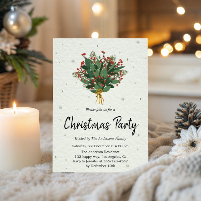 Elegant Green and Red Botanical Christmas Party Einladung (Von Creator hochgeladen)