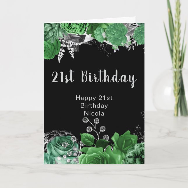 Elegant Green and Silver Flowers Birthday Party  Karte (Vorderseite)
