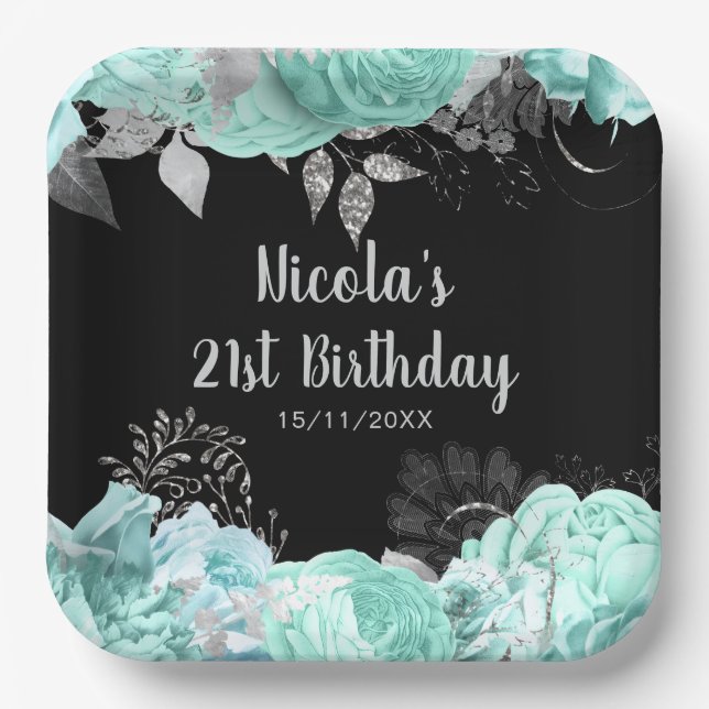 Elegant Green and Silver Flowers Birthday Party Pappteller (Vorderseite)