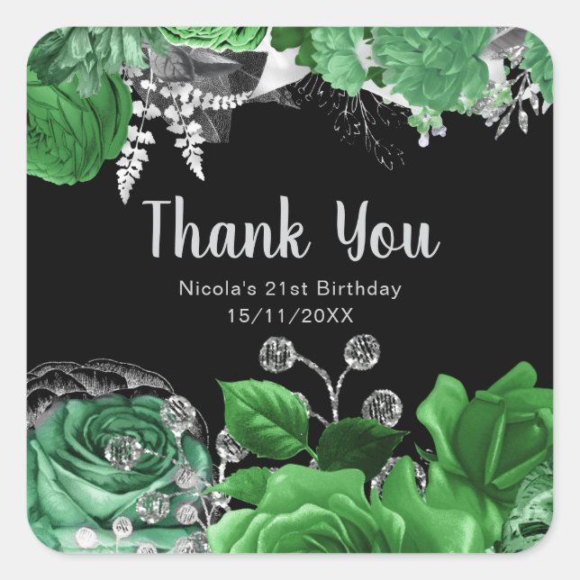 Elegant Green and Silver Flowers Birthday Party Quadratischer Aufkleber (Vorderseite)