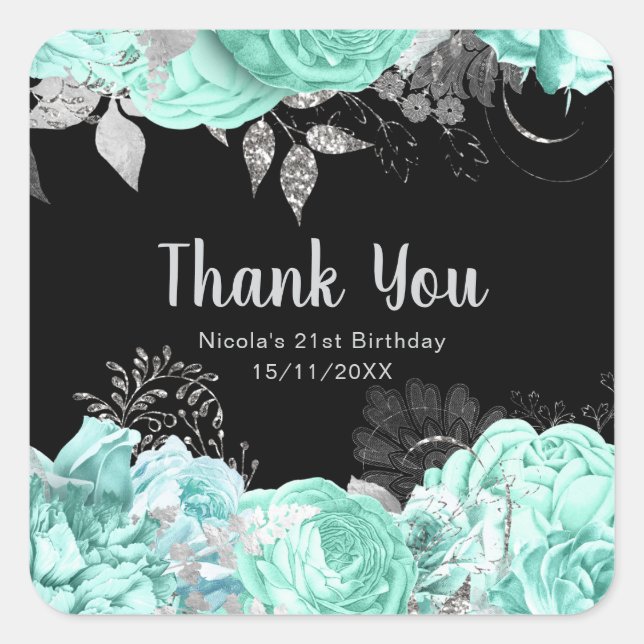 Elegant Green and Silver Flowers Birthday Party Quadratischer Aufkleber (Vorderseite)