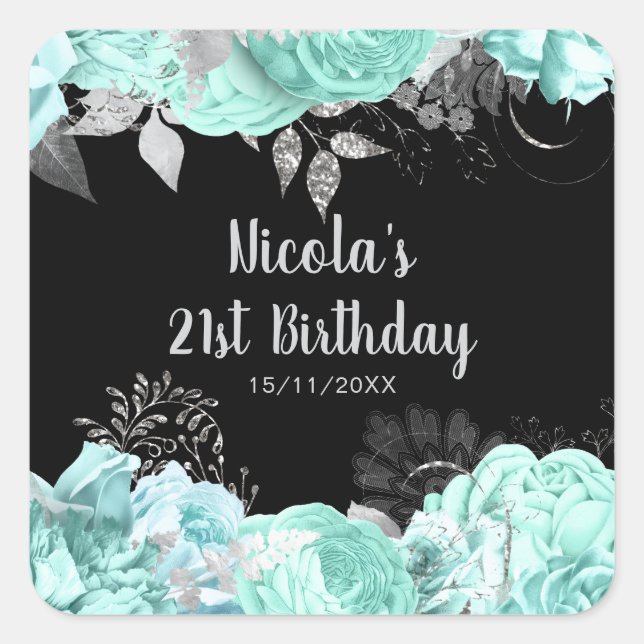 Elegant Green and Silver Flowers Birthday Party Quadratischer Aufkleber (Vorderseite)