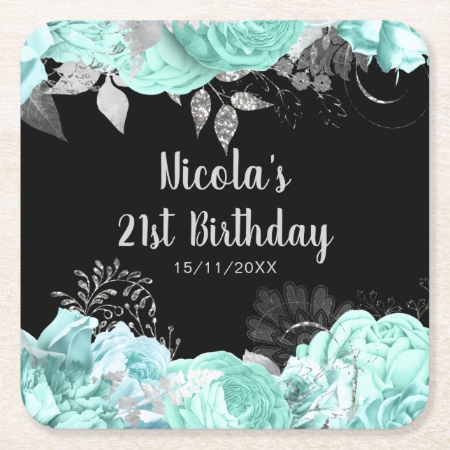 Elegant Green and Silver Flowers Birthday Party Rechteckiger Pappuntersetzer (Vorderseite)
