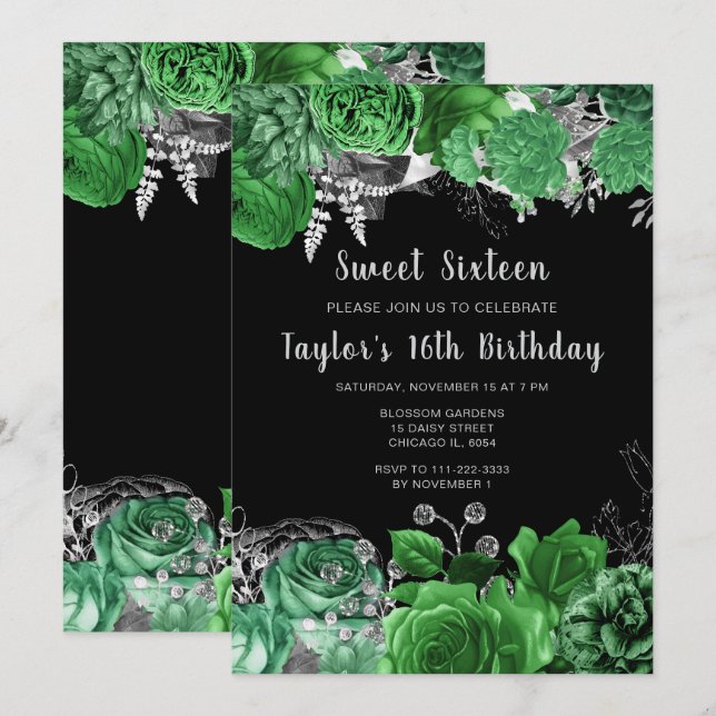 Elegant Green and Silver Flowers Sweet Sixteen Einladung (Vorne/Hinten)
