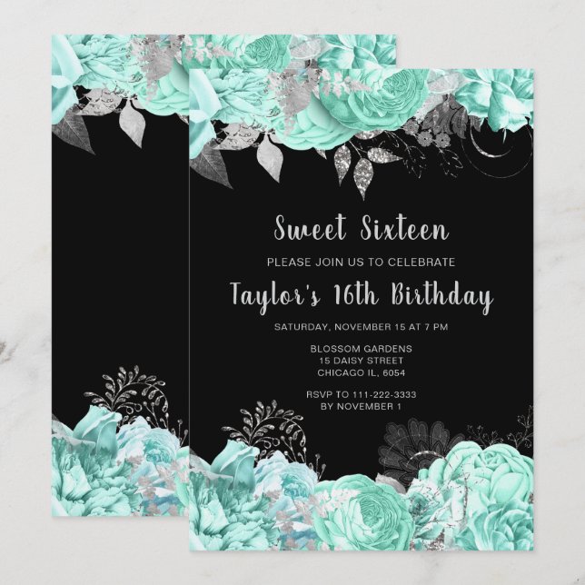 Elegant Green and Silver Flowers Sweet Sixteen Einladung (Vorne/Hinten)