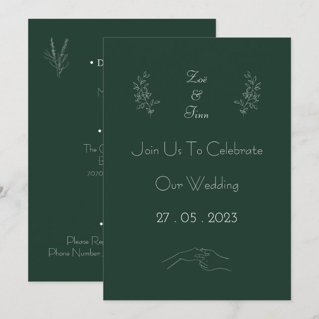 Elegant Green And White Floral Simple Invitation Einladung (Vorne/Hinten)