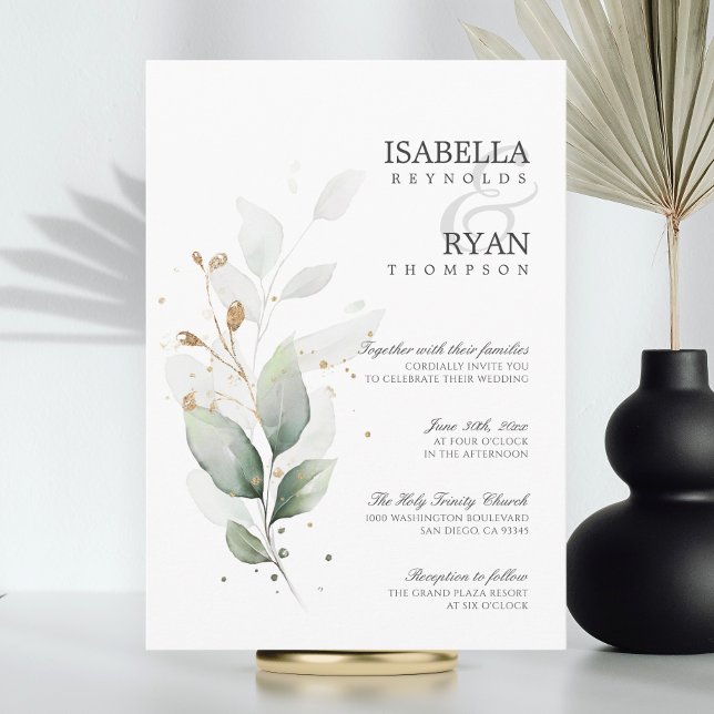ELEGANT Green Blätter Goldene Hochzeit Einladung (ELEGANT Greenery Leaves Gold Wedding Invitation | Budget Digital)