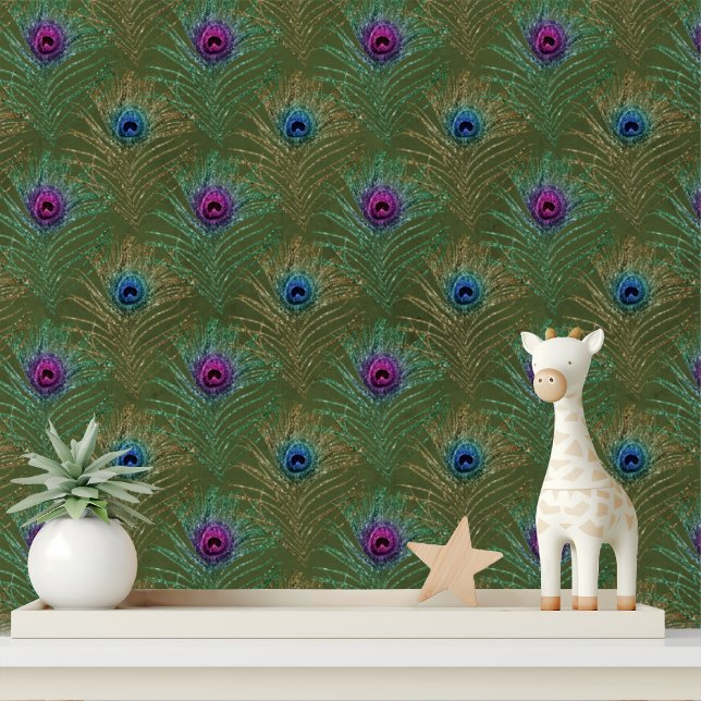 Elegant Green Blue Glitzer Peacock Feathers Chic Tapete (Von Creator hochgeladen)