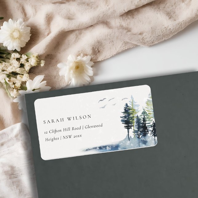 Elegant Green Blue Pine Woods Forest Birds Address Adressaufkleber (Von Creator hochgeladen)