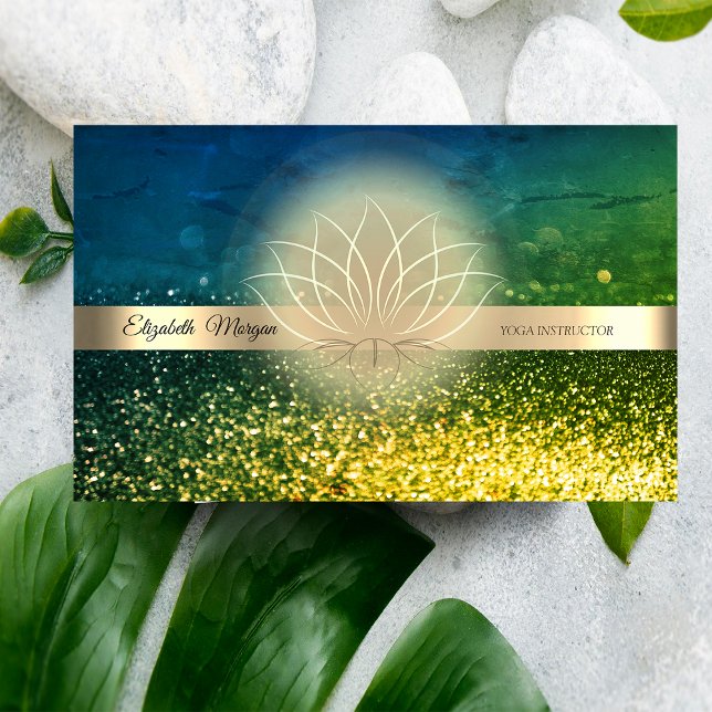 Elegant Green Bokeh Gold, Lotus  Yoga Instructor Visitenkarte (Von Creator hochgeladen)