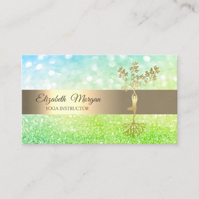 Elegant Green Bokeh Gold Tree Yoga Instructor Visitenkarte (Vorderseite)