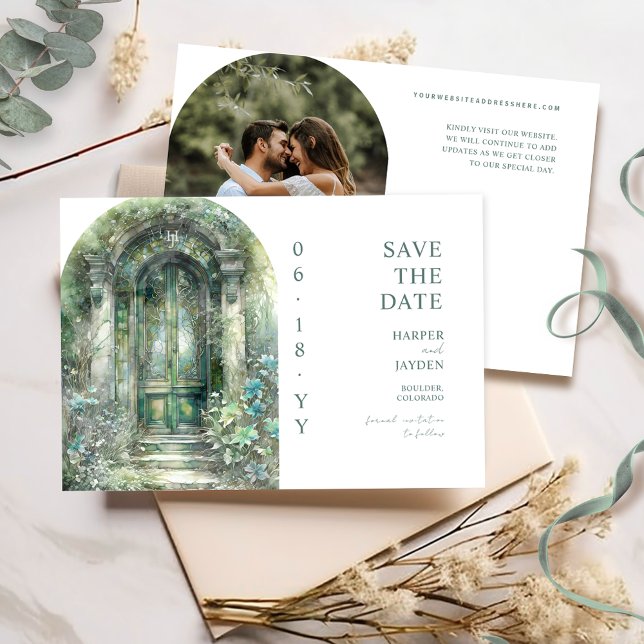 Elegant Green Botanical Garden Photo Wedding Save The Date (Von Creator hochgeladen)