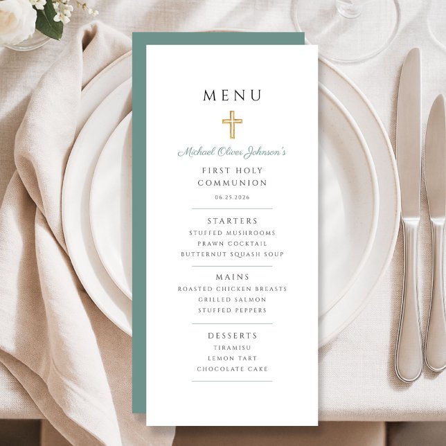 Elegant Green Boy First Communion Menükarte (Elegant Green Boy First Communion Menu)