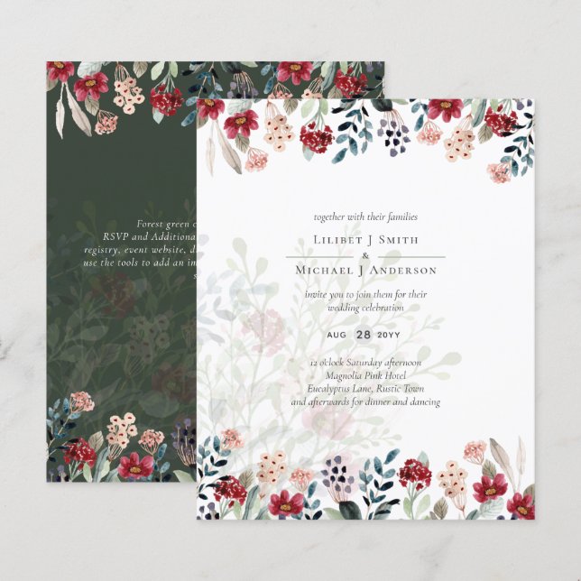 Elegant Green Burgundy Blue Floral Wedding (Vorne/Hinten)