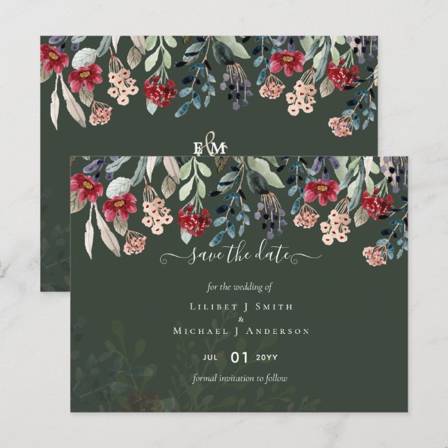 Elegant Green Burgundy Blue Floral Wedding Postkarte (Vorne/Hinten)
