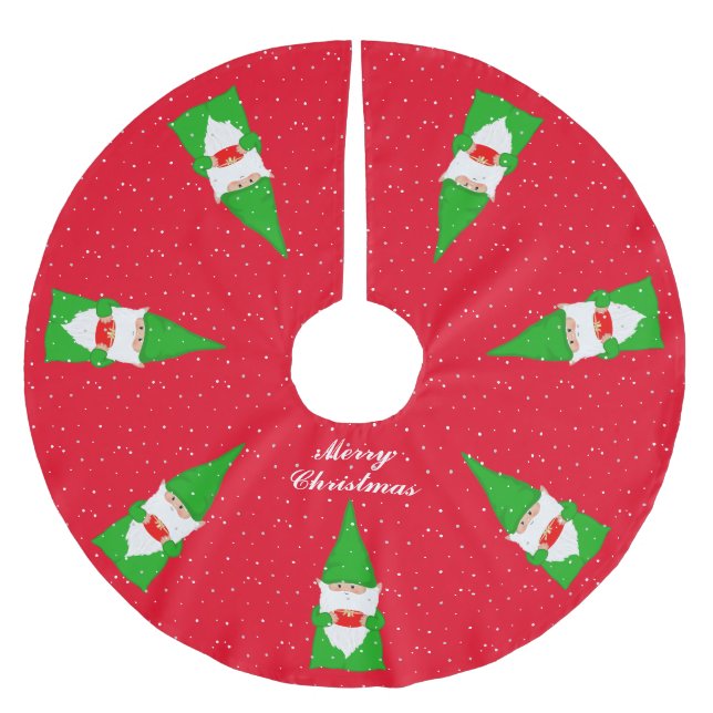 Elegant Green Christmas Gnomes on Red Polyester Weihnachtsbaumdecke (Vorderseite)