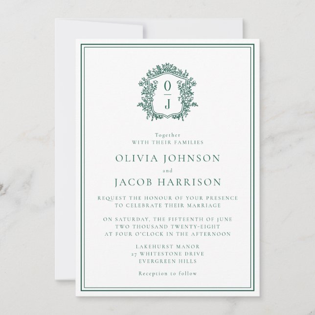 Elegant Green Crest Wedding Invitation (Devant)