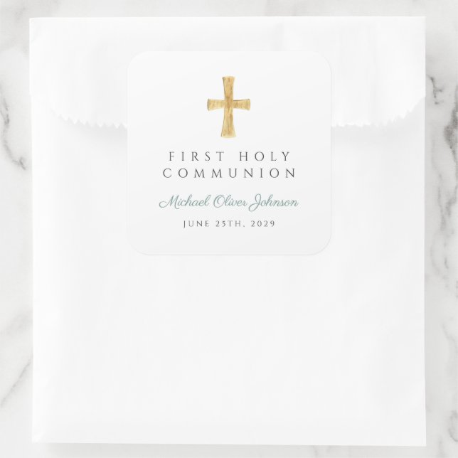 Elegant Green Cross Boy Erste Kommune Vielen Dank Quadratischer Aufkleber (Tasche)