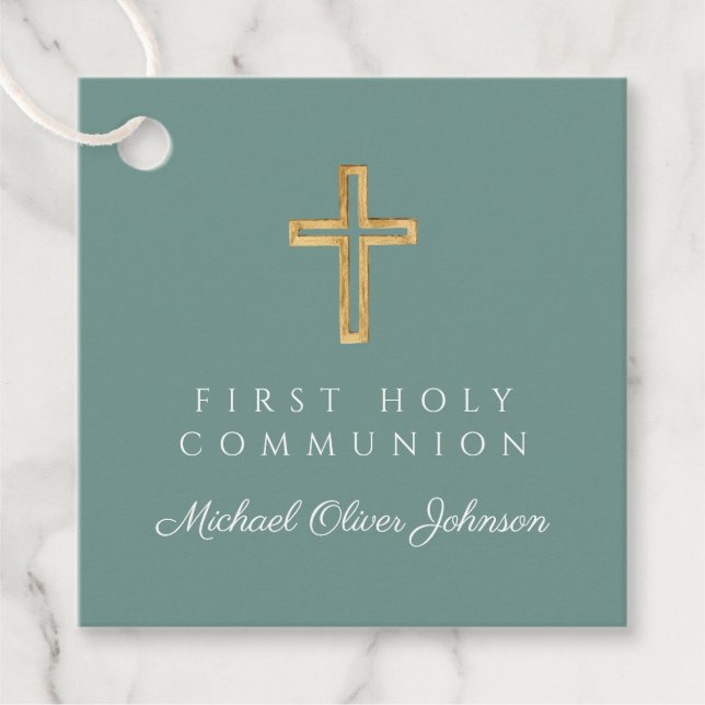 Elegant Green Cross Boy First Communion Geschenkanhänger (Vorderseite)