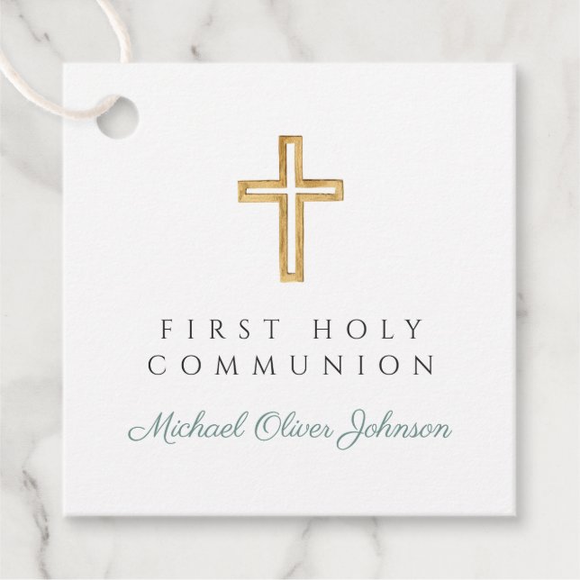 Elegant Green Cross Boy First Communion Geschenkanhänger (Vorderseite)