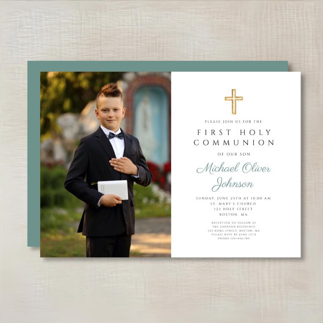 Elegant Green Cross Foto Boy First Communation Einladung (Elegant Green Cross Photo Boy First Communion Invitation)