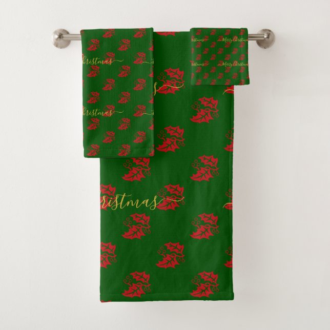 Elegant Green Custom Christmas Holly Badhandtuch Set (Insitu)