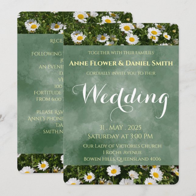 Elegant Green Daisy Wedding Einladung (Vorne/Hinten)