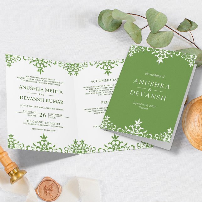 Elegant Green Damask Traditionelle indische Hochze Einladung (Von Creator hochgeladen)